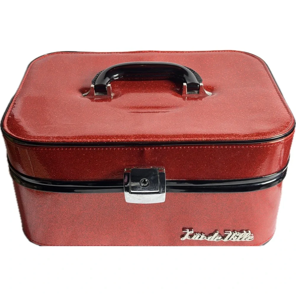Lux de Ville Red Glitter Vanity‎ Case Leopard Print Retro Pinup Makeup Trunk Bag
